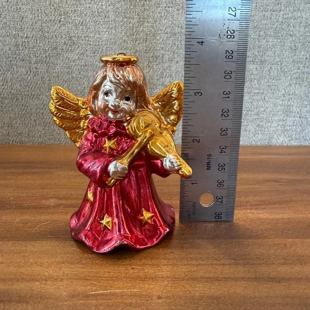 Vintage Angel Figurine‎ Ornament Bell Red Gold Star Trumpet Christmas Decor